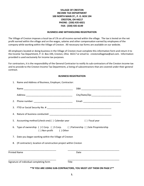 First page of the Business And Withholding Registration