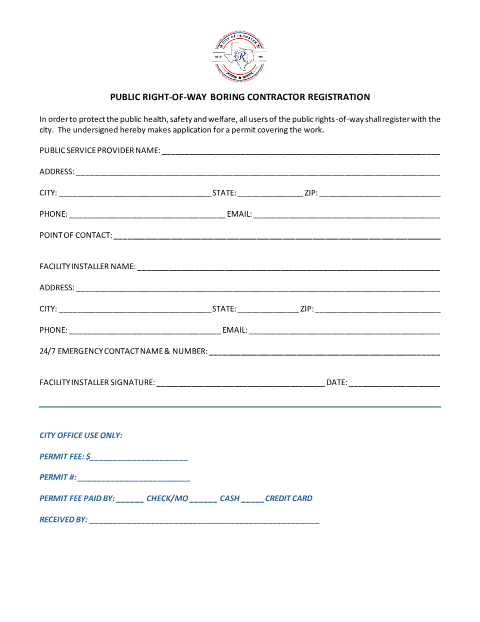 First page of the Public Right-of-Way Boring Contractor Registration