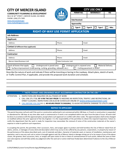 First page of the Right-of-Way Use Permit Application