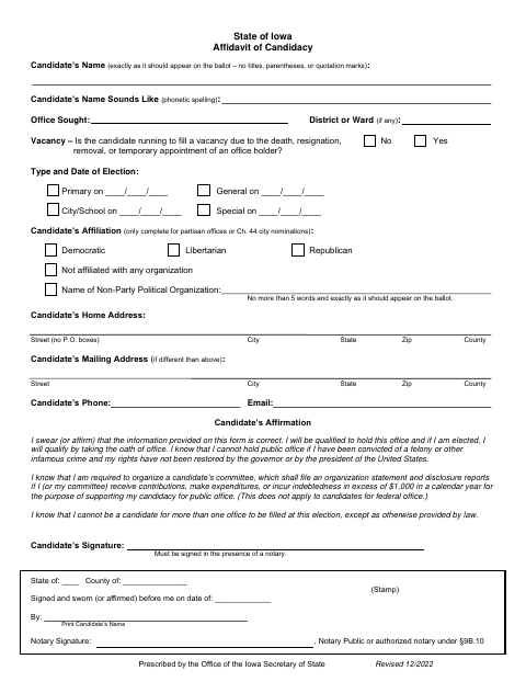 First page of the Affidavit of Candidacy