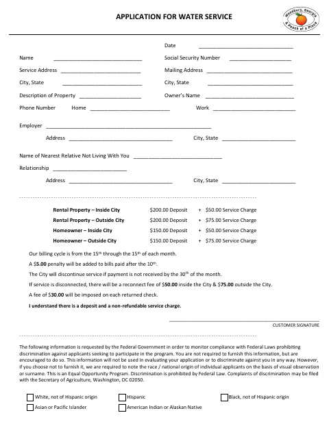 First page of the Application for Water Service