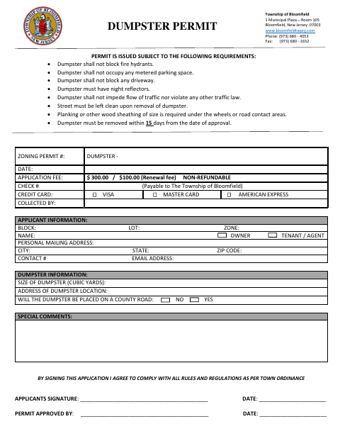 First page of the Dumpster Permit