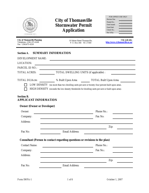 First page of the Stormwater Permit Application