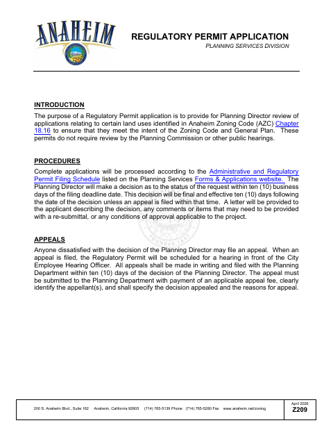 First page of the Regulatory Permit Application