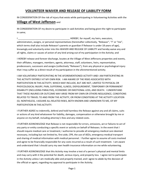 First page of the Volunteer Waiver and Release of Liability Form