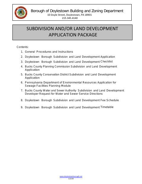 First page of the Subdivision and Land Development Application Package