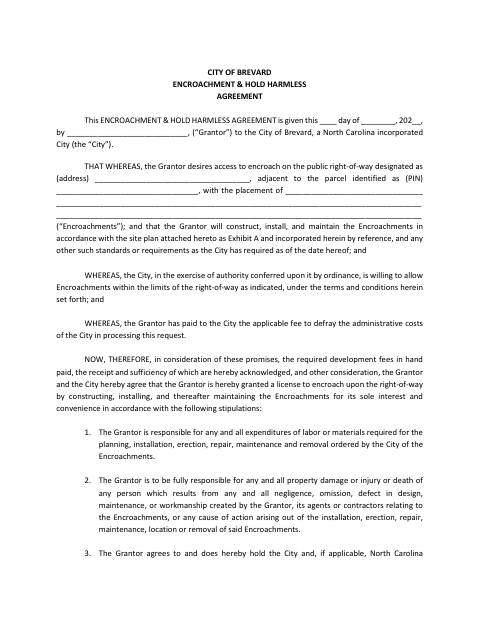 First page of the Sidewalk Usage Encroachment and Hold Harmless Agreement