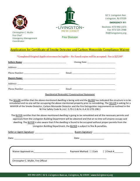 First page of the Application for Certificate of Smoke Detector and Carbon Monoxide Compliance Waiver