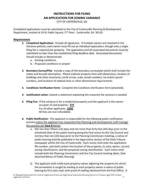 First page of the Zoning Variance Application