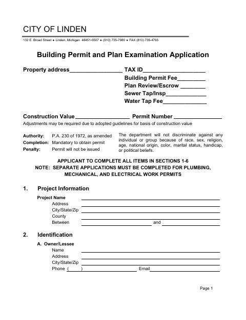 First page of the Building Permit and Plan Examination Application