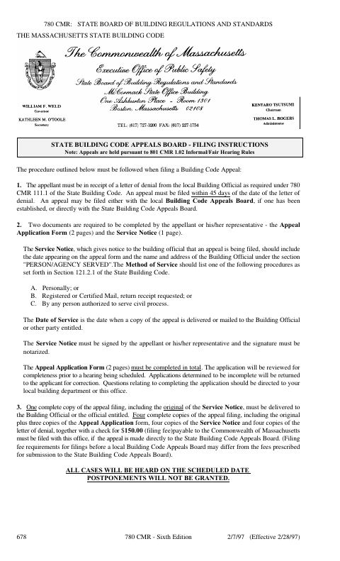 First page of the State Building Code Appeal Application and Service Notice