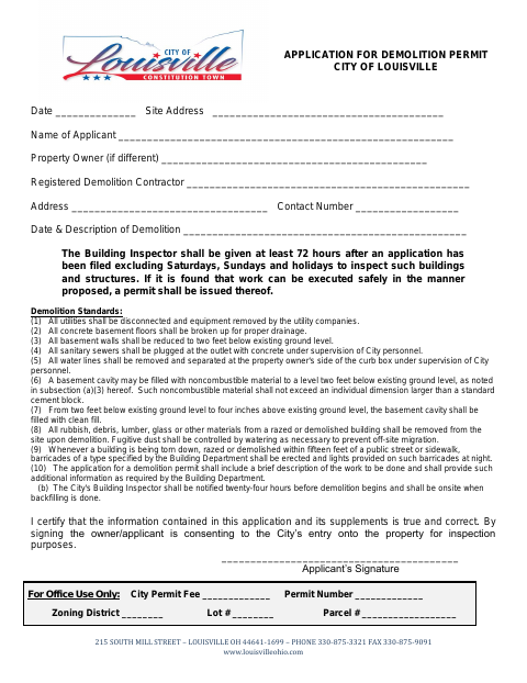 First page of the Application for Demolition Permit