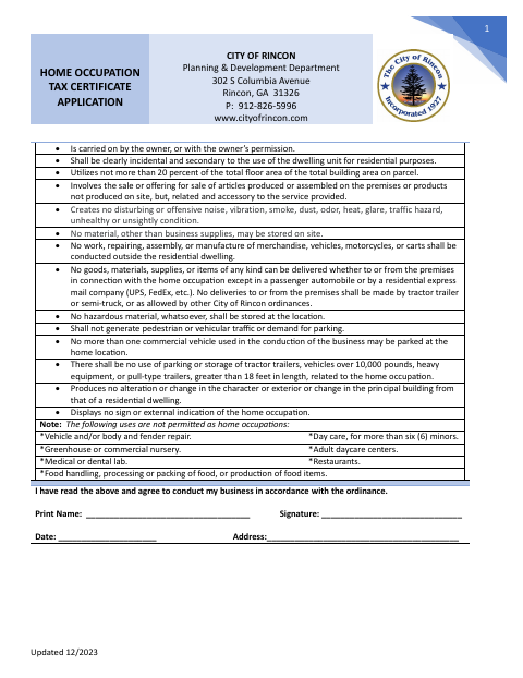 First page of the Home Occupation Tax Certificate Packet