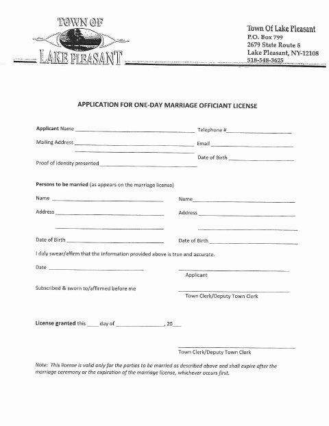 First page of the One-Day Marriage Officiant License Application