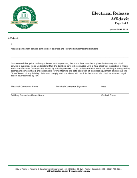 First page of the Electrical Release Affidavit
