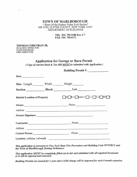 First page of the Application for Garage or Barn Permit