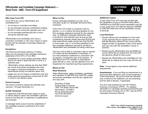 First page of the Officeholder and Candidate Campaign Statement — Short Form and Form 470 Supplement