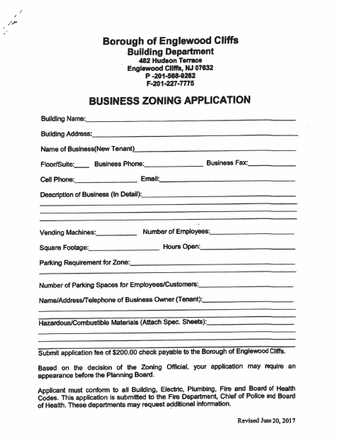 First page of the Business Zoning Application