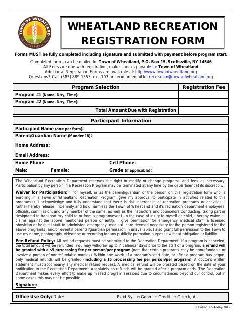 First page of the Recreation Registration Form