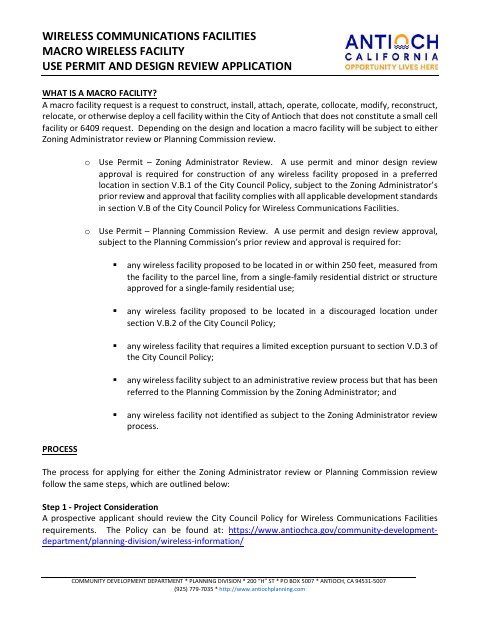 First page of the Wireless Communications Facilities Macro Wireless Facility Use Permit and Design Review Application