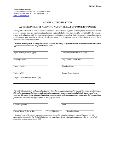 First page of the Authorization of Agent to Act on Behalf of Property Owner