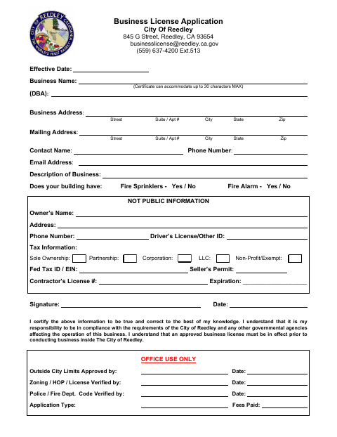 First page of the Business License Application