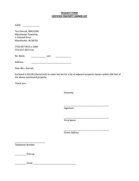 First page of the Certified Property Owner List Request Form