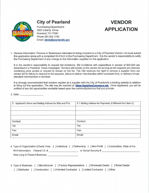 First page of the Vendor Application
