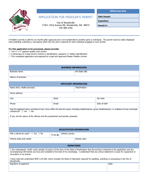First page of the Peddler’s Permit Application