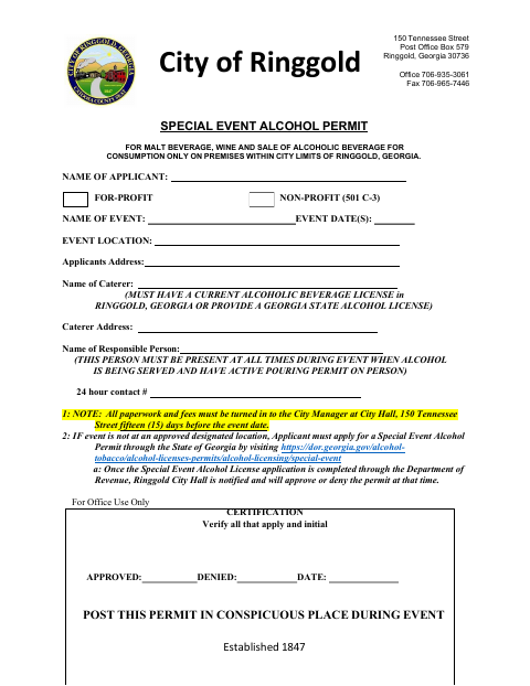 First page of the Special Event Alcohol Permit Application