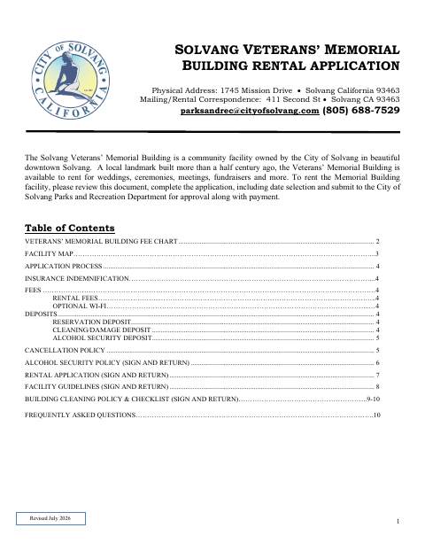 First page of the Veterans’ Memorial Building Rental Application