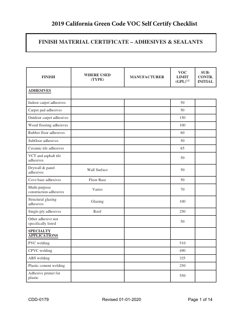 First page of the California Green Code VOC Self Certify Checklist