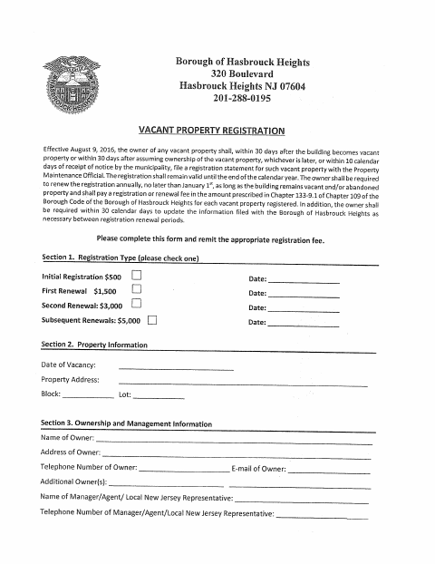 First page of the Vacant Property Registration
