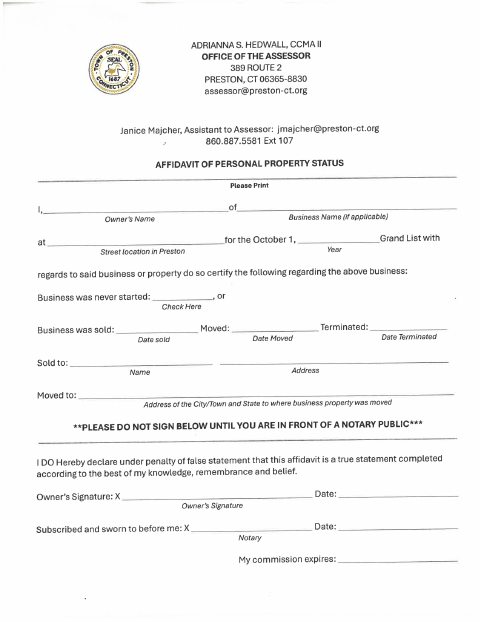 First page of the Affidavit of Personal Property Status