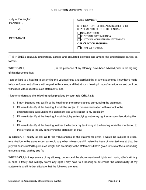 First page of the Stipulation to Admissibility of Statements of the Defendant