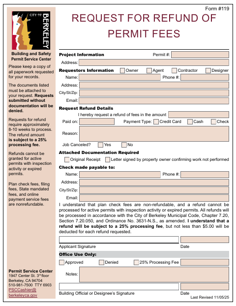 First page of the Request for Refund of Permit Fees