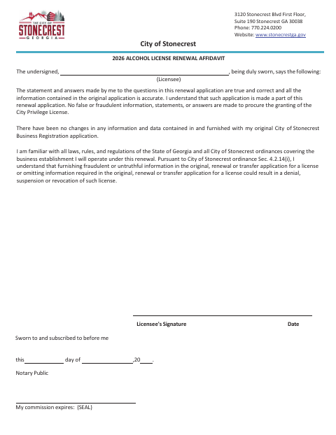 First page of the Alcohol License Renewal Affidavit