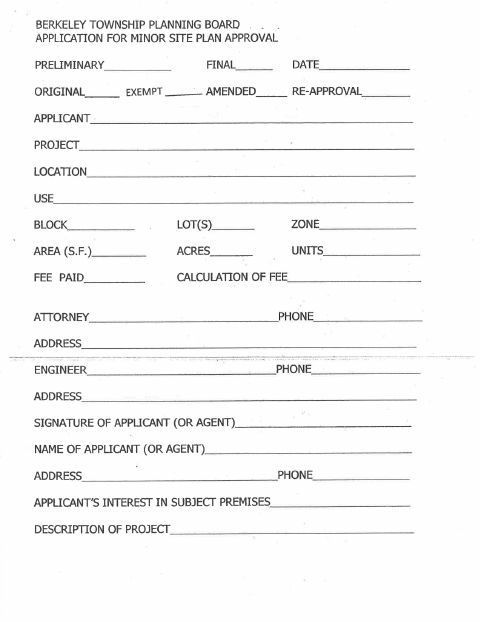 First page of the Application For Minor Site Plan Approval