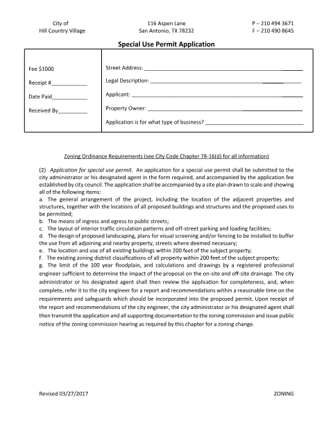 First page of the Special Use Permit Application