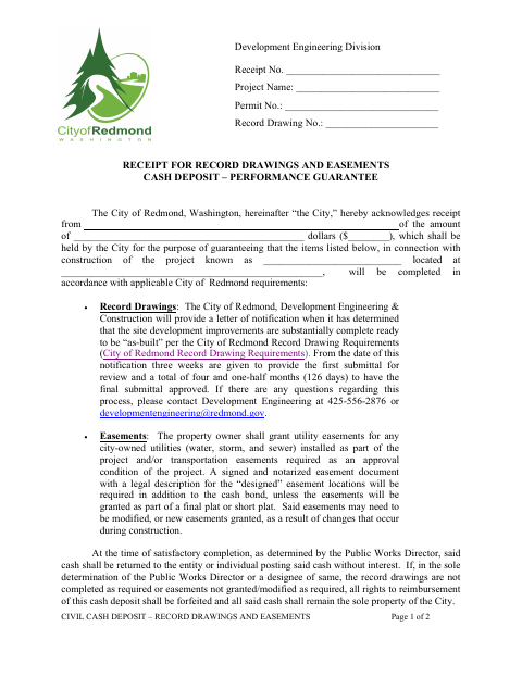 First page of the Receipt for Record Drawings and Easements Cash Deposit – Performance Guarantee