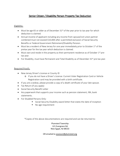 First page of the Senior Citizen / Disability Person Property Tax Deduction