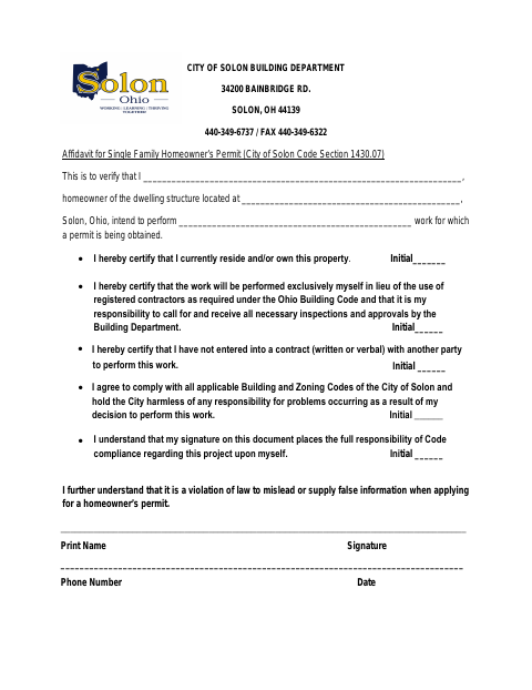 First page of the Affidavit for Single Family Homeowner's Permit