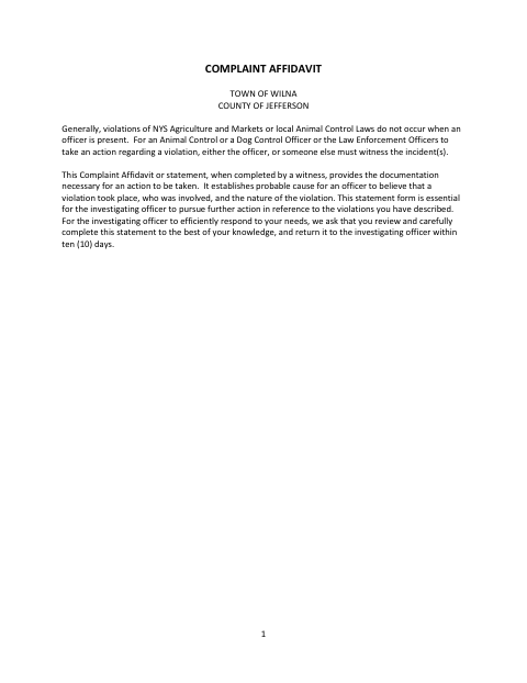 First page of the Animal Control Complaint Affidavit