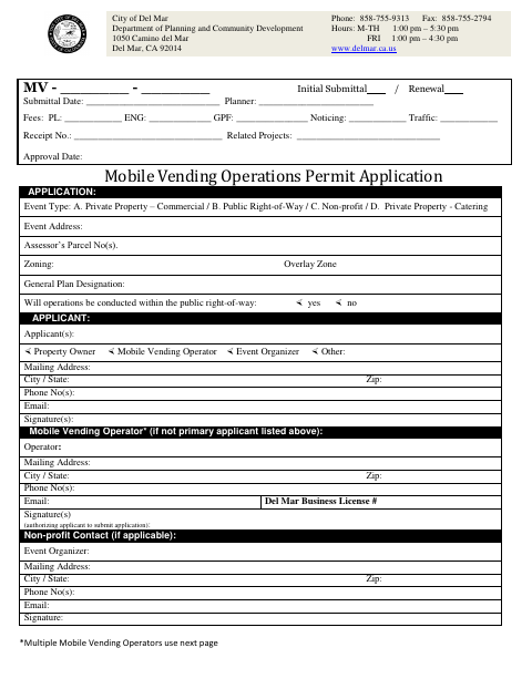 First page of the Mobile Vending Operations Permit Application