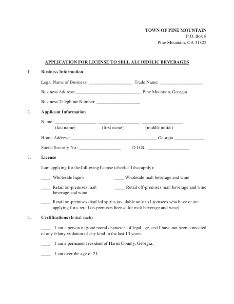 First page of the Application For License To Sell Alcoholic Beverages
