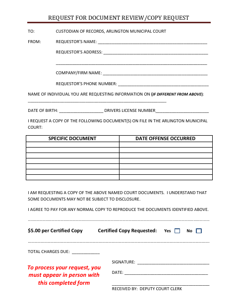 First page of the Request for Document Review/Copy Request