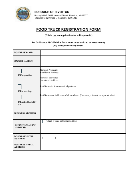First page of the Food Truck Registration Form