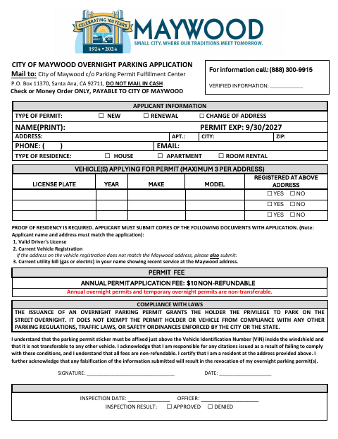 First page of the Overnight Parking Application