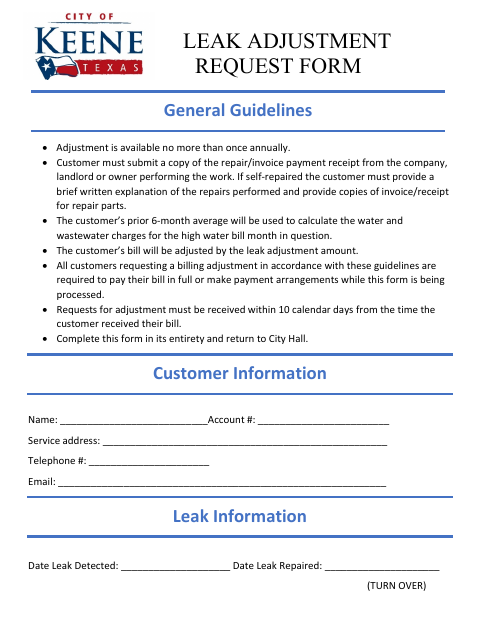 First page of the Leak Adjustment Request Form
