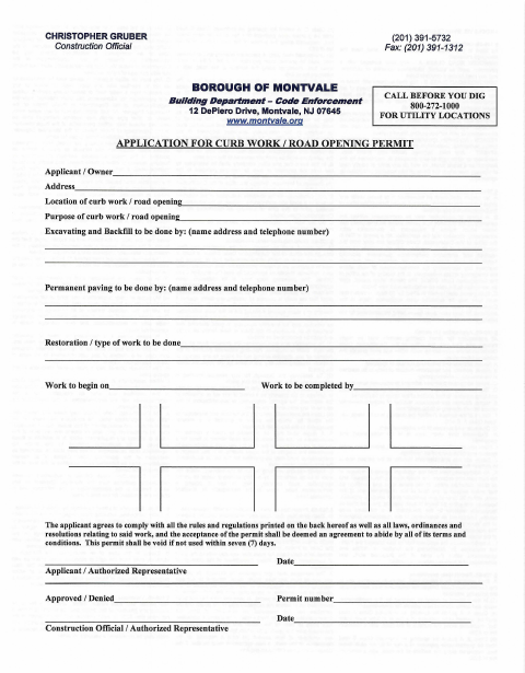 First page of the Application for Curb Work/Road Opening Permit